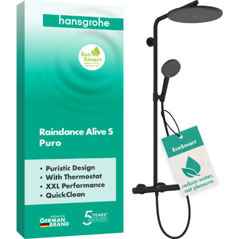 Hansgrohe Raindance Alive S Puro - Set de douche avec thermostat, 21x34 cm, 3 jets, EcoSmart, noir mat 24593670