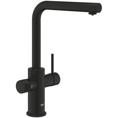 Mitigeur de cuisine monocommande noir phantom – Bec en L extractible – Poignée séparée eau filtrée – Cartouche GROHE SilkMove 28mm