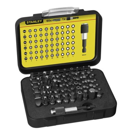 Stanley – Coffret d'embouts de vissage 61 pièces 113902 – Pour perceuse 1/4'' – Normes ISO 1173 et DIN 3126 – Usage pro et semi-pro