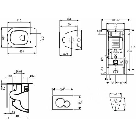 Geberit Duofix - Set de bâti-support, WC suspendu Rimless+ abattant SoftClose Ideal Standard Tesi, plaque de déclenchement Sigma01 blanc alpin 111.355.00.5 NE1