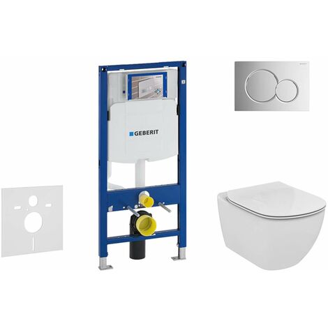 Geberit Duofix - Bâti-support pour WC suspendu avec plaque de déclenchement Sigma01, chrome poli + Ideal Standard Tesi - cuvette et abattant, Aquablade, SoftClose 111.300.00.5 NU2