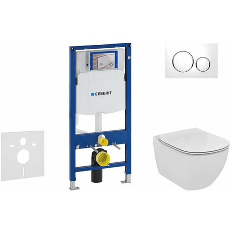 Geberit Duofix - Bâti-support pour WC suspendu avec plaque de déclenchement Sigma20, blanc/chrome poli + Ideal Standard Tesi - cuvette et abattant, Aquablade, SoftClose 111.300.00.5 NU4