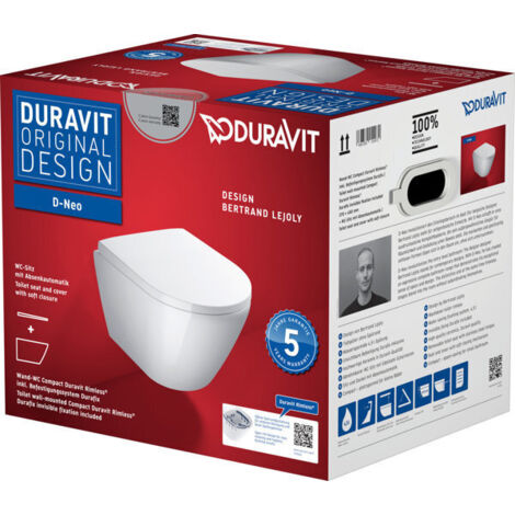 Duravit – WC suspendu compact sans bride – Cuvette en céramique – Abattant frein de chute – Évacuation horizontale – Dimensions 370x480mm