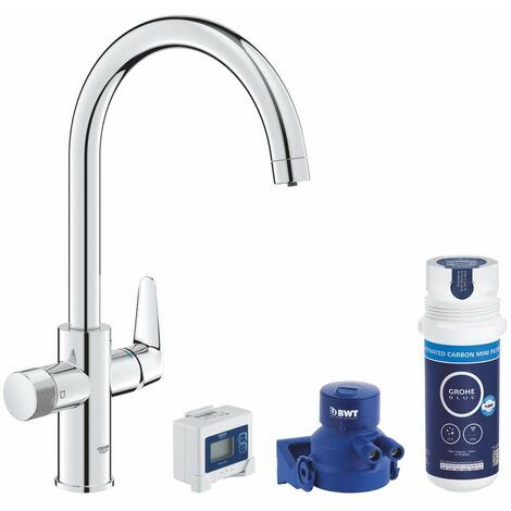 Grohe – Mitigeur de cuisine StartCurve avec filtration – Finition chrome – Montage monotrou – Levier séparé pour eau filtrée – 30593000