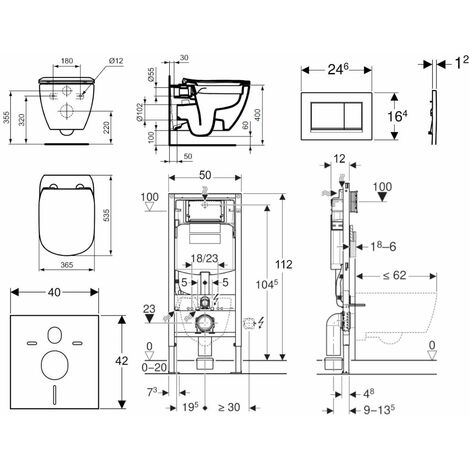 Geberit Duofix - Set de bâti-support, WC suspendu Rimless + abattant SoftClose Ideal Standard Tesi, plaque de déclenchement Sigma30 chrome mat/chrome 111.300.00.5 NE7