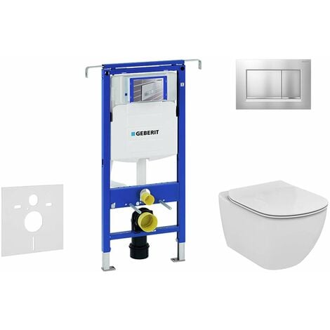 Geberit Duofix - Bâti-support pour WC suspendu avec plaque de déclenchement Sigma30, chrome mat/chrome + Ideal Standard Tesi - cuvette et abattant, Aquablade, SoftClose 111.355.00.5 NU7