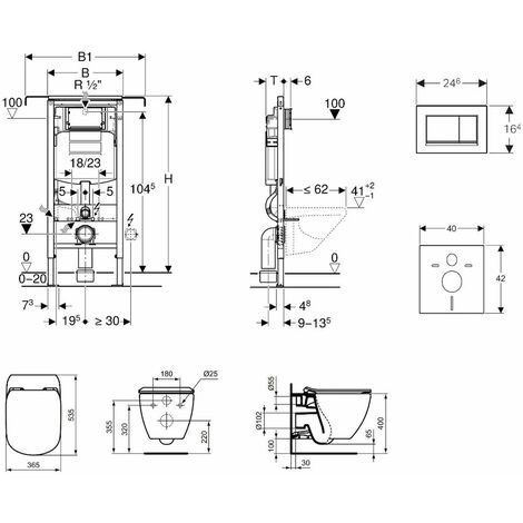 Geberit Duofix - Bâti-support pour WC suspendu avec plaque de déclenchement Sigma30, chrome mat/chrome + Ideal Standard Tesi - cuvette et abattant, Aquablade, SoftClose 111.355.00.5 NU7