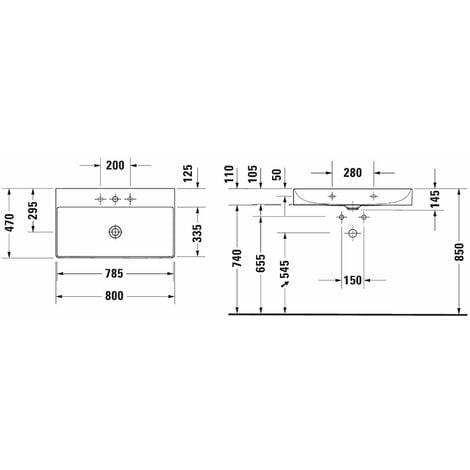 Duravit DuraSquare - Lavabo 80x47 cm, sans trop-plein, avec un trou pour robinet, DuraCeram, blanc 2353800041