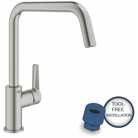 Grohe – Mitigeur monocommande cuisine bec mobile en U – Hauteur 220mm – Zone de rotation 150° – Finition inox sans plomb (1/10)
