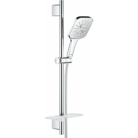 Grohe – Ensemble barre de douche Rainshower SmartActive 600mm chromé – Douchette 130mm avec 3 jets – Finition résistante aux rayures – Étagère incluse