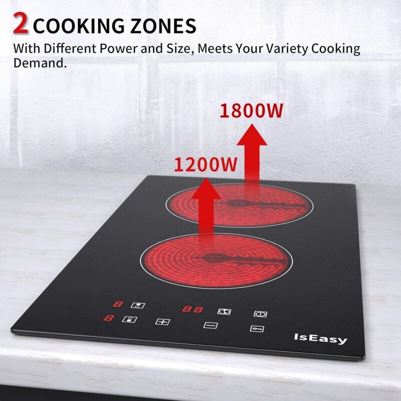 Table de Cuisson Vitrocéramique 2 Foyers, Plaque Vitrocéramique 2 Feux  Encastrable Plaque 2 Feux - (3000W, Autarkic, Tactile, Minuteur,  Verre-céramique)- Double Zones : : Jardin