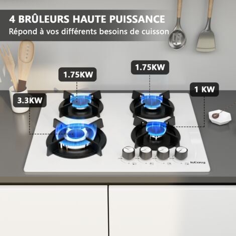 Plaque Gaz 4 Feux 60cm Blanc, Plaque de Cuisson à Gaz Avec 4 Foyers à Gaz, Cuisinière Encastrable, Gaz Naturel/Propane(4 Brûleurs)