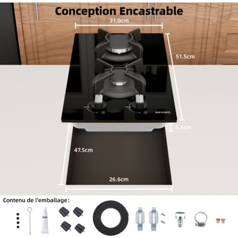 WEHIMO Plaque Gaz 2 Feux, Plaque de Cuisson à Gaz, Plaque à Gaz Avec 2 Foyers à Gaz, Cuisinière Encastrable, Gaz Naturel/Propane (2 Brûleurs)
