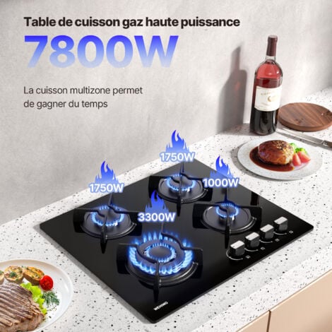 WEHIMO Plaque Gaz 4 Feux, Plaque de Cuisson à Gaz, Plaque à Gaz Avec 4 Foyers à Gaz, Cuisinière Encastrable, Gaz Naturel/Propane (4 Brûleurs)
