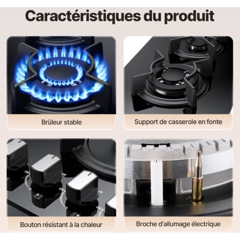WEHIMO Plaque Gaz 4 Feux, Plaque de Cuisson à Gaz, Plaque à Gaz Avec 4 Foyers à Gaz, Cuisinière Encastrable, Gaz Naturel/Propane (4 Brûleurs)
