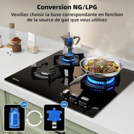 Wehimo Plaque Gaz 3 Feux, Plaque de Cuisson à Gaz, Plaque à Gaz Avec 3 Foyers à Gaz, Cuisinière Encastrable L60 x P51 cm, Gaz Naturel/Propane (3 Brûleurs)