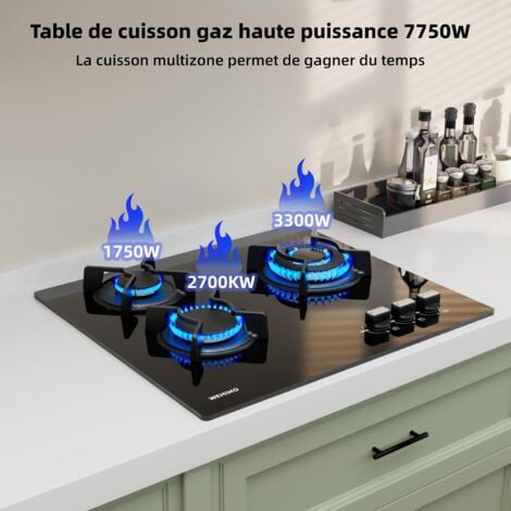 Wehimo Plaque Gaz 3 Feux, Plaque de Cuisson à Gaz, Plaque à Gaz Avec 3 Foyers à Gaz, Cuisinière Encastrable L60 x P51 cm, Gaz Naturel/Propane (3 Brûleurs)