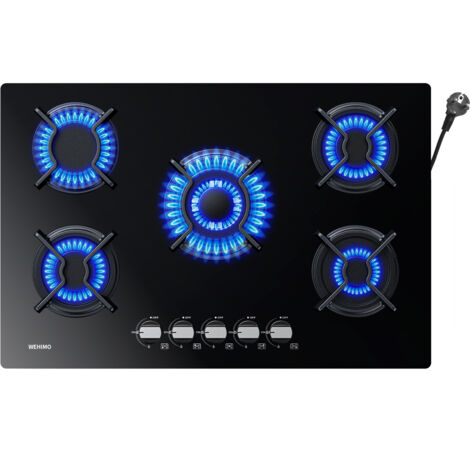 Plaque de cuisson gaz 5 foyers 77 x 51 cm – Puissance totale 12.5 kW – Verre trempé et grilles en fonte – Allumage par impulsion
