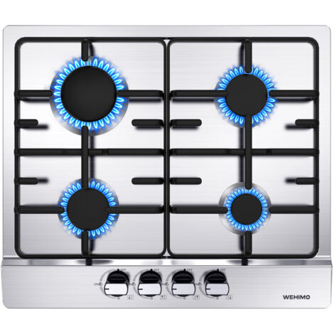 WEHIMO Plaque Gaz 4 Feux Inox, Plaque de Cuisson Gaz 4 feux Encastrable, Table Gaz 4 foyer, Gaz Ville et Bouteille L59 x P51 cm