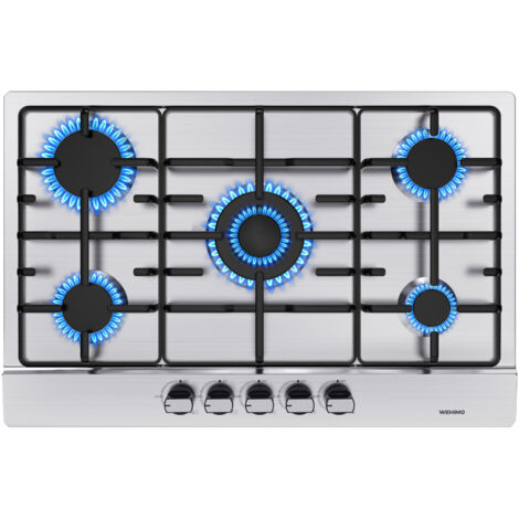 WEHIMO Plaque Gaz 5 Feux Inox, Plaque de Cuisson Gaz 5 feux Encastrable, Table Gaz 5 foyer, Gaz Ville et Bouteille L76 x P50 cm