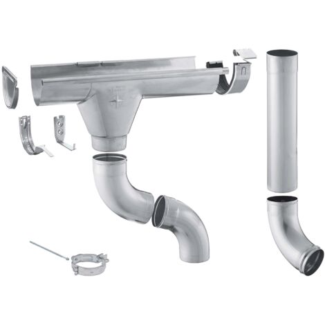 ZAMBELLI Zink Dachrinne Komplettset Gartenhaus, Carport, Terrasse, 1 Dachseite, ohne Löten, für Dachfläche bis ca. 70m², 8 teilig /250 / 105mm 2m Silber (1/5)
