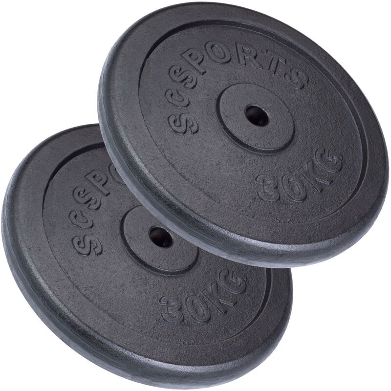 ScSPORTS® Jeu De Disques D'Haltères 20/25/30 Kg En Fonte Noire - Plaques Musculation 30/31 Mm Pour Haltères Longs