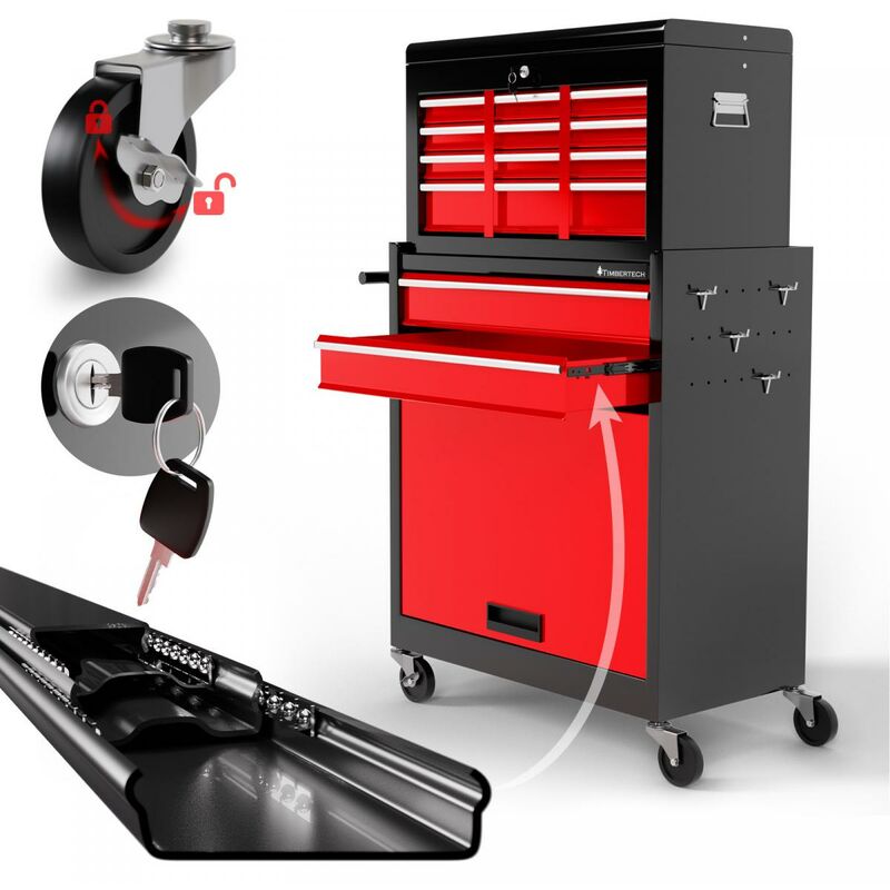 TIMBERTECH® Carro de Taller - con 2 Cajones y 1 Compartimento, Caja de Herramientas con Cerradura Incluida, 61,5x33x108,5, Acero - Armario de Herramientas Móvil
