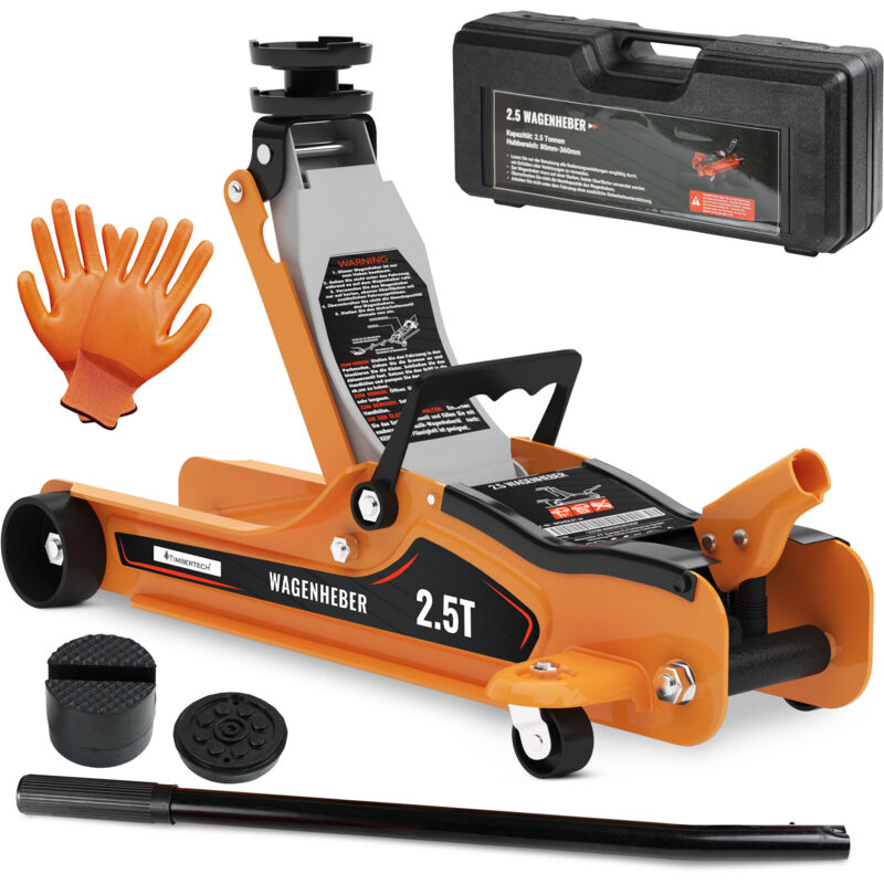 Timbertech® Gato Hidráulico - 2,5 Toneladas, 53x21x13 cm, Perfil Bajo, con Ruedas, Maletín y Guantes XL, Naranja - Elevador Coche, Gato para Coche, Car Jack, Auto Taller, Carro Herramientas