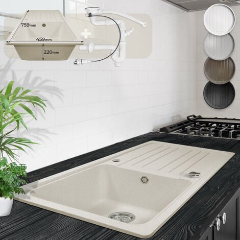 Aquamarin® Fregadero de Cocina - de Granito, con 1 Seno y Escurridor Reversible, Set de Desagüe, 76 x 46 cm, Integrado o Empotrado, Beige - Lavabo de Cocina
