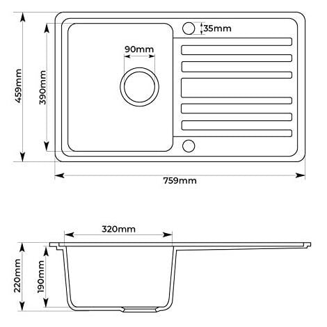Aquamarin® Fregadero de Cocina - de Granito, con 1 Seno y Escurridor Reversible, Set de Desagüe, 76 x 46 cm, Integrado o Empotrado, Beige - Lavabo de Cocina
