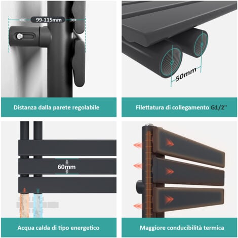 EMKE Scaldasalviette ad acqua calda, 1041x400mm - Scaldasalviette piatto Nero opaco