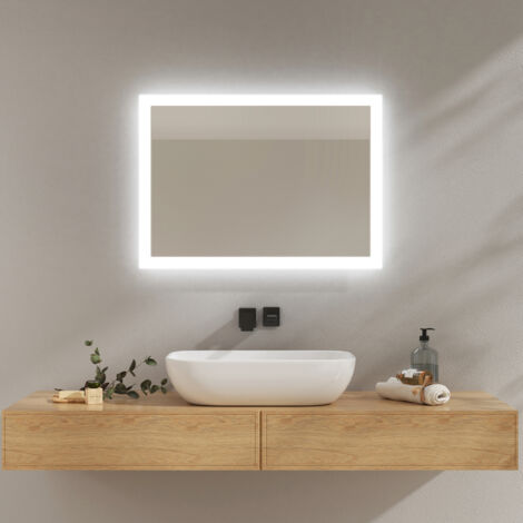 EMKE Specchio da bagno illuminato con Interruttore meccanico, Antiappannamento, Due colori di luce 70x50 cm Luce Calda/Bianca fredda