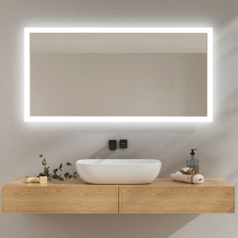 EMKE Specchio da bagno illuminato con Interruttore meccanico, Antiappannamento, Due colori di luce 120x60 cm Luce Calda/Bianca fredda