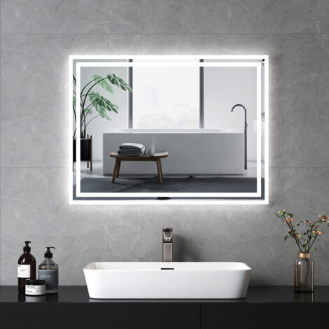 EMKE Specchio da bagno con interruttore a pulsante, antiappannamento, luce bianca fredda/calda 80x60 cm