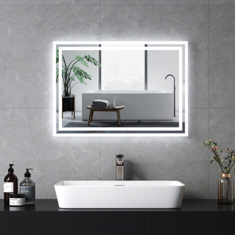 EMKE Specchio da bagno con interruttore a pulsante, antiappannamento, luce bianca fredda/calda 70x50 cm