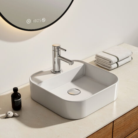 EMKE Lavabo da appoggio in ceramica, lavabo rettangolare in ceramica Arc, bianco lucido - 40 x 40 x 11 cm