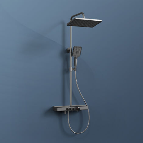EMKE Pannello doccia termostatico, ripiani in vetro 45 x 13 cm, doccetta, 3 tipi di getto, soffione, beccuccio, montaggio a parete, certificato KTW, grigio metallizzato