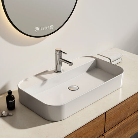 EMKE Lavabo da appoggio in ceramica, lavabo rettangolare in ceramica Arc, bianco lucido - 70 x 40 x 11 cm