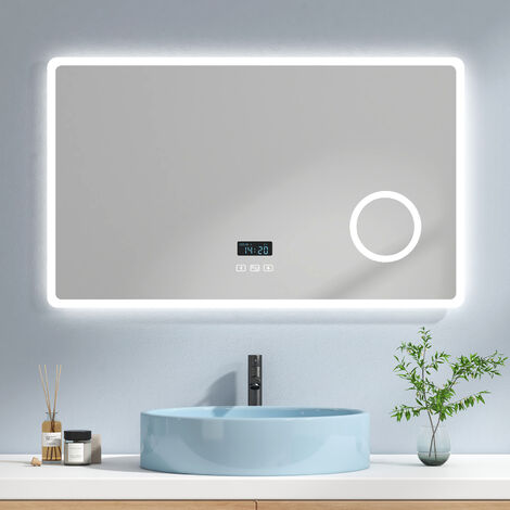 EMKE Specchio Bagno con Luce 100 x 60 cm, con Interruttore Tattile e Bluetooth e Antiappannamento e Orologio e 3 Volte Lente D'ingrandimento, Luce Dimmerabile e Variabile