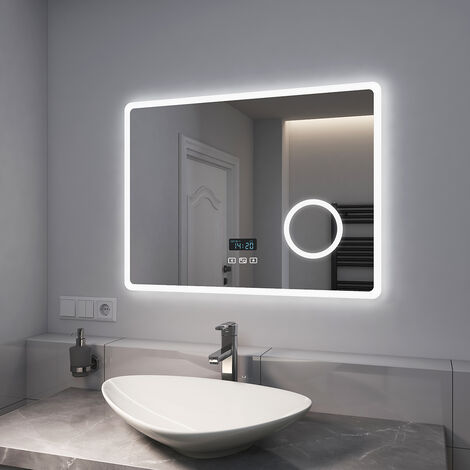 EMKE Specchio Bagno con Luce 80 x 60 cm, con Interruttore Tattile e Bluetooth e Antiappannamento e Orologio e 3 Volte Lente D'ingrandimento, Luce Dimmerabile e Variabile