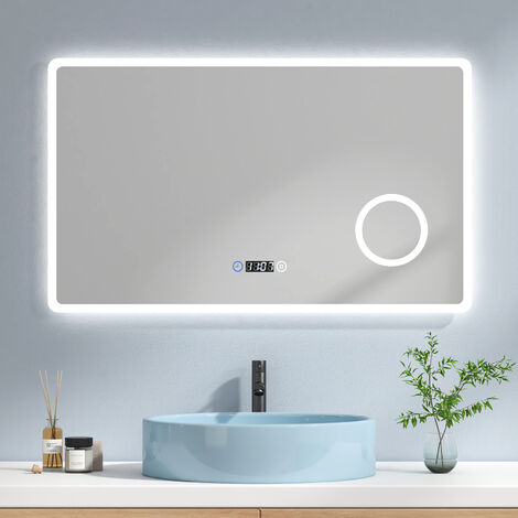 EMKE Specchio Bagno con Luce 100 x 60 cm, con Interruttore Tattile e Orologio e 3 Volte Lente D'ingrandimento e Luce Dimmerabile e Variabile