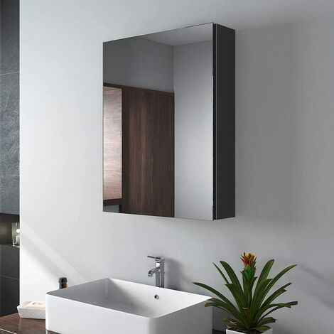 EMKE Specchio per bagno, 50 x 65 x 14,5 cm, specchio per bagno con ripiani regolabili, con maniglia invisibile e interruttore morbido, specchio bifacciale, Nero Opaco
