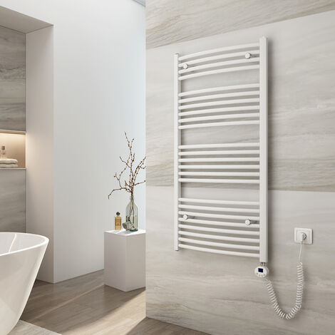 EMKE Radiatore da Bagno, 120 x 60cm, 600W, Scaldasalviette con Termostato, Curvo, Bianco, Termoarredo Asciugamani da Bagno
