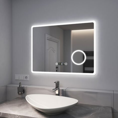 EMKE Specchio Bagno con Luce 80 x 60 cm, con Interruttore Tattile e Antiappannamento e Orologio e 3 Volte Lente D'ingrandimento