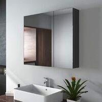 EMKE Specchio da bagno, 75 x 65 x 14,5 cm, specchio da bagno con ripiani regolabili, con maniglia invisibile e interruttore soft, doppie ante, doppio specchio, nero opaco