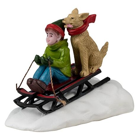 Slitta Con Cagnolino LEMAX - Decorazione In Resina, H4.8x6.5x3.7 Cm, Collezione Caddington Village