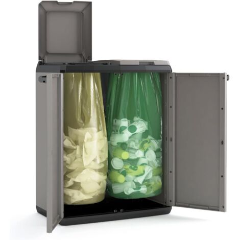 Keter Armario Split ReciclajeContenedor con tapa para la recogida diferenciadaResina2 puertas y capacidad 2 bolsasColo Gris 68 x 39 x 85 cm