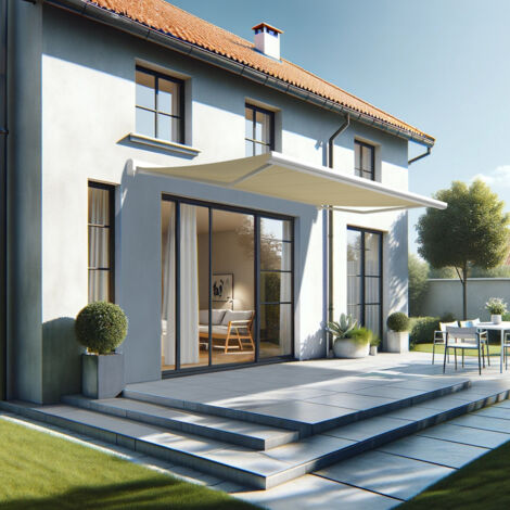 Tenda da sole a cassonetto integrale CELESTE 5,00x3,00 M (Telecomando con Manovra di Emergenza - Bianco satinato RAL9010 - Beige chiaro 250gr/m²) (1/5)