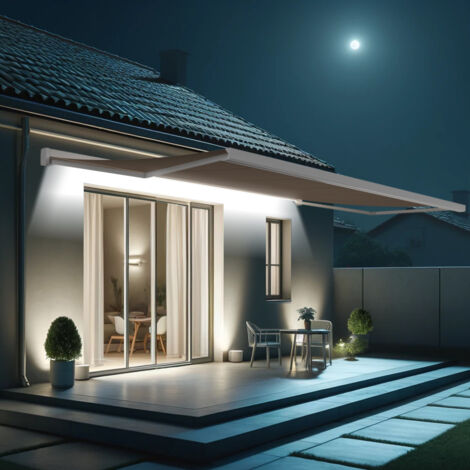 Tenda da sole a cassonetto integrale SOA 6,00x3,50 M (Telecomando con Manovra di Emergenza + LED - Bianco satinato RAL9010 - Grigio talpa 250gr/m²) (1/5)