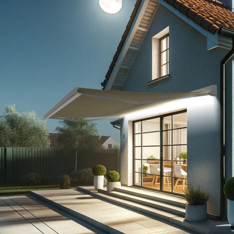 Tenda da sole a cassonetto integrale CELESTE 5,00x3,00 M (Telecomando con Manovra di Emergenza + LED - Bianco satinato RAL9010 - Beige chiaro 250gr/m²) (1/5)